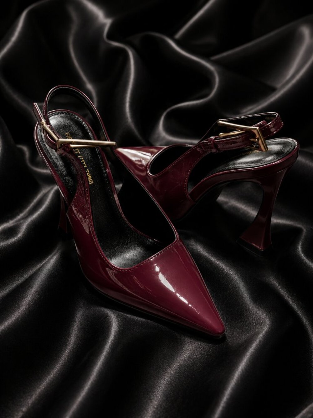 PrettyLittleThing Wine Patent Pointed Slingback 4 inch Heels